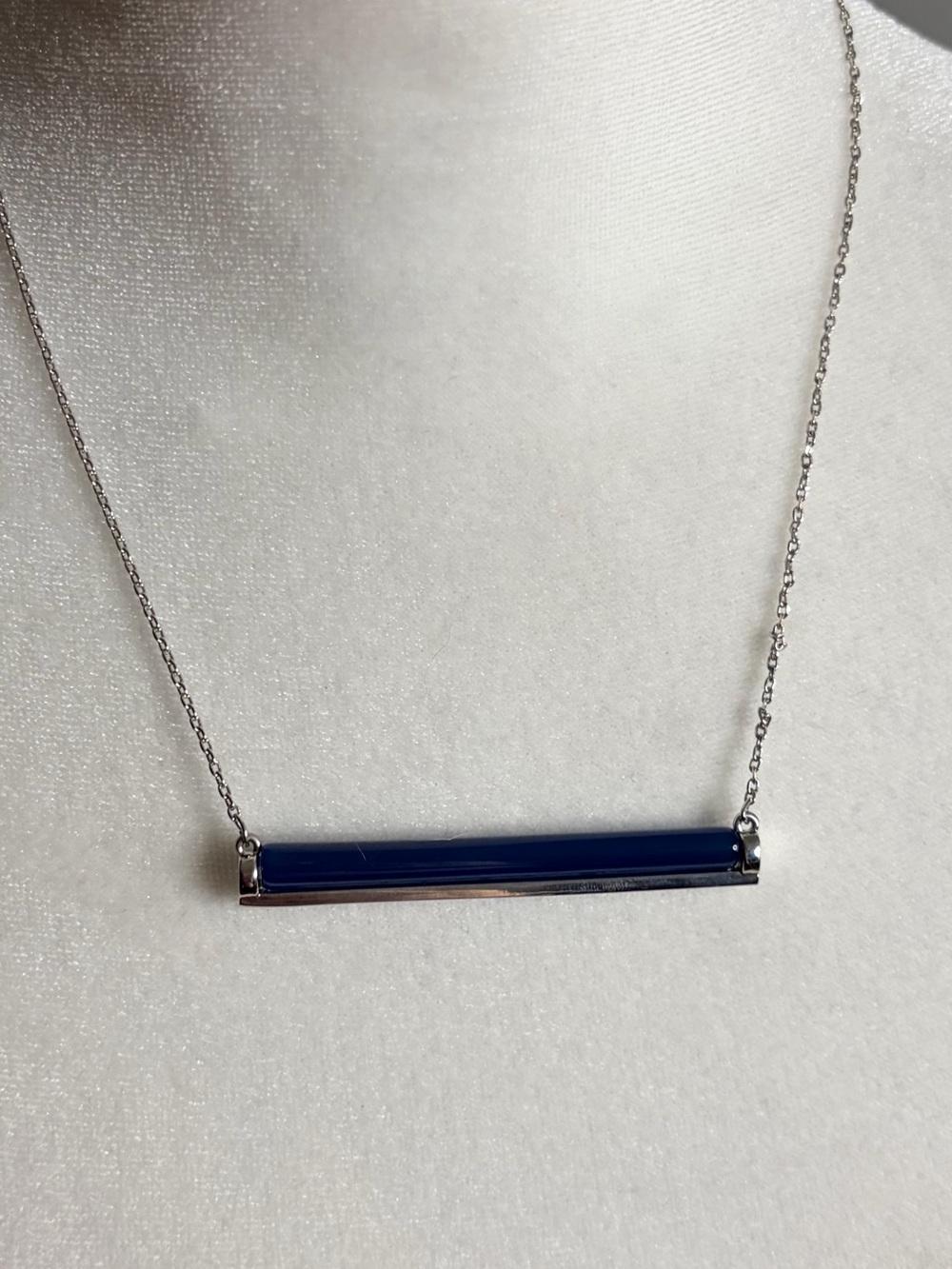 French Connection Deep Blue Bar Pendant Necklace on Thin Silver Tone Chain